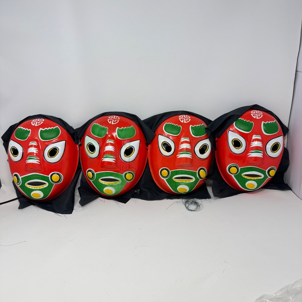 4 Vintage Korean Mask late 1990s Red Green Plastic Traditional Folk Art Costume